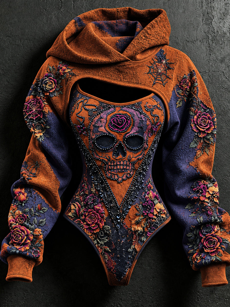 Women's Vintage Art Stretch Bodysuit Hooded Sweatshirt Two-Piece Set